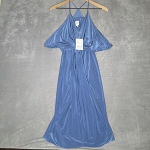 MISA‎ Los Angeles Dress Womens L Blue Mini Jersey Knit Halter Draped Twist Front